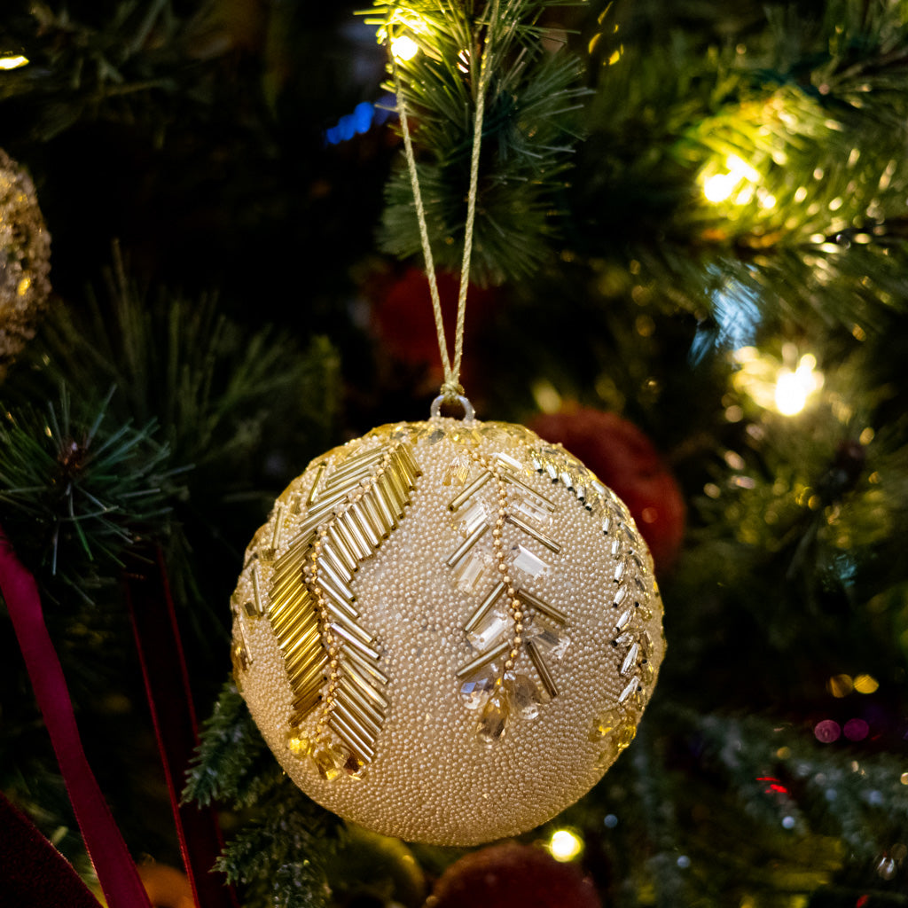 Champagne Beaded Feathers with Jewels Ball Ornament