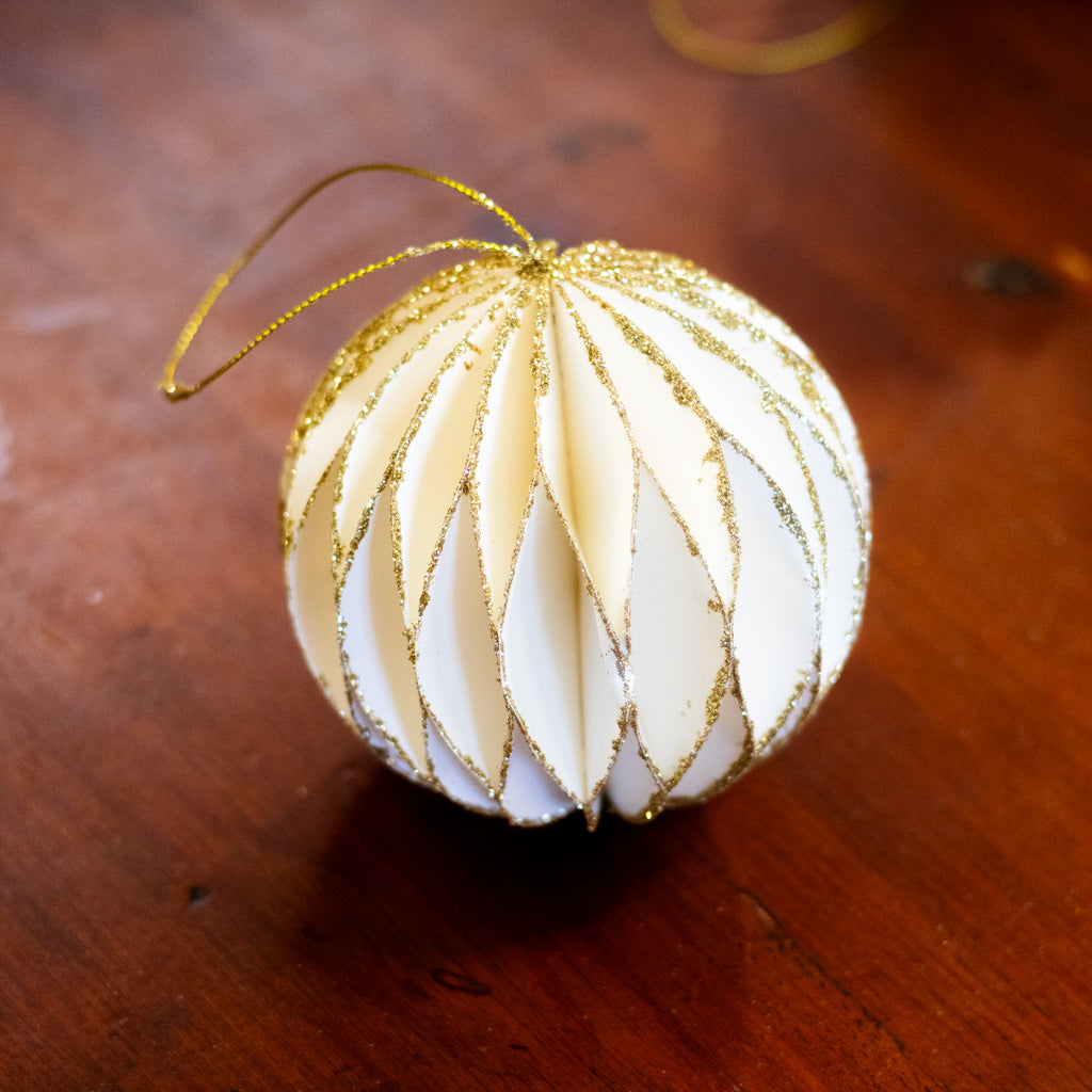 Box of Four White with Gold Glitter Round Ornaments
