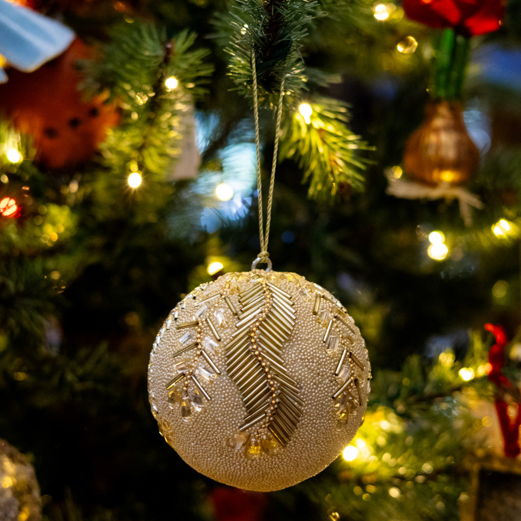Champagne Beaded Feathers with Jewels Ball Ornament
