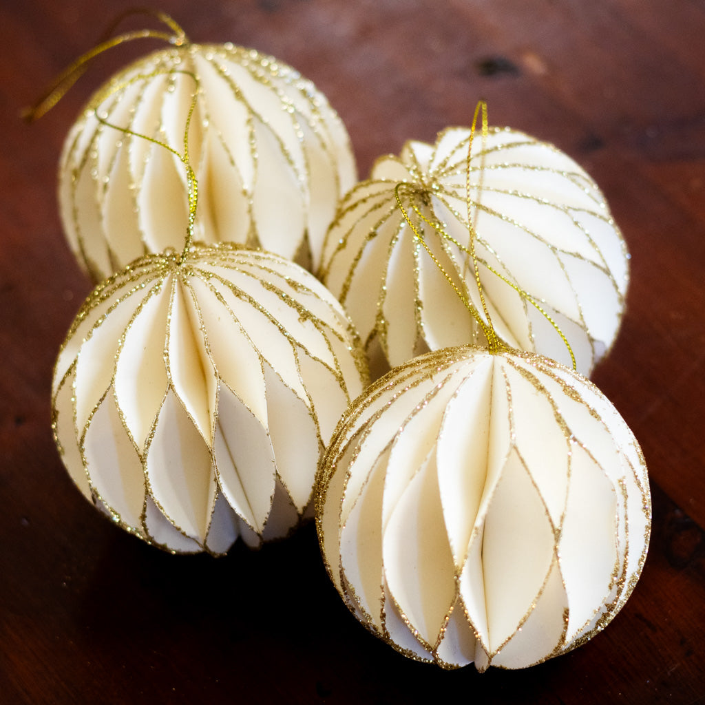 Box of Four White with Gold Glitter Round Ornaments