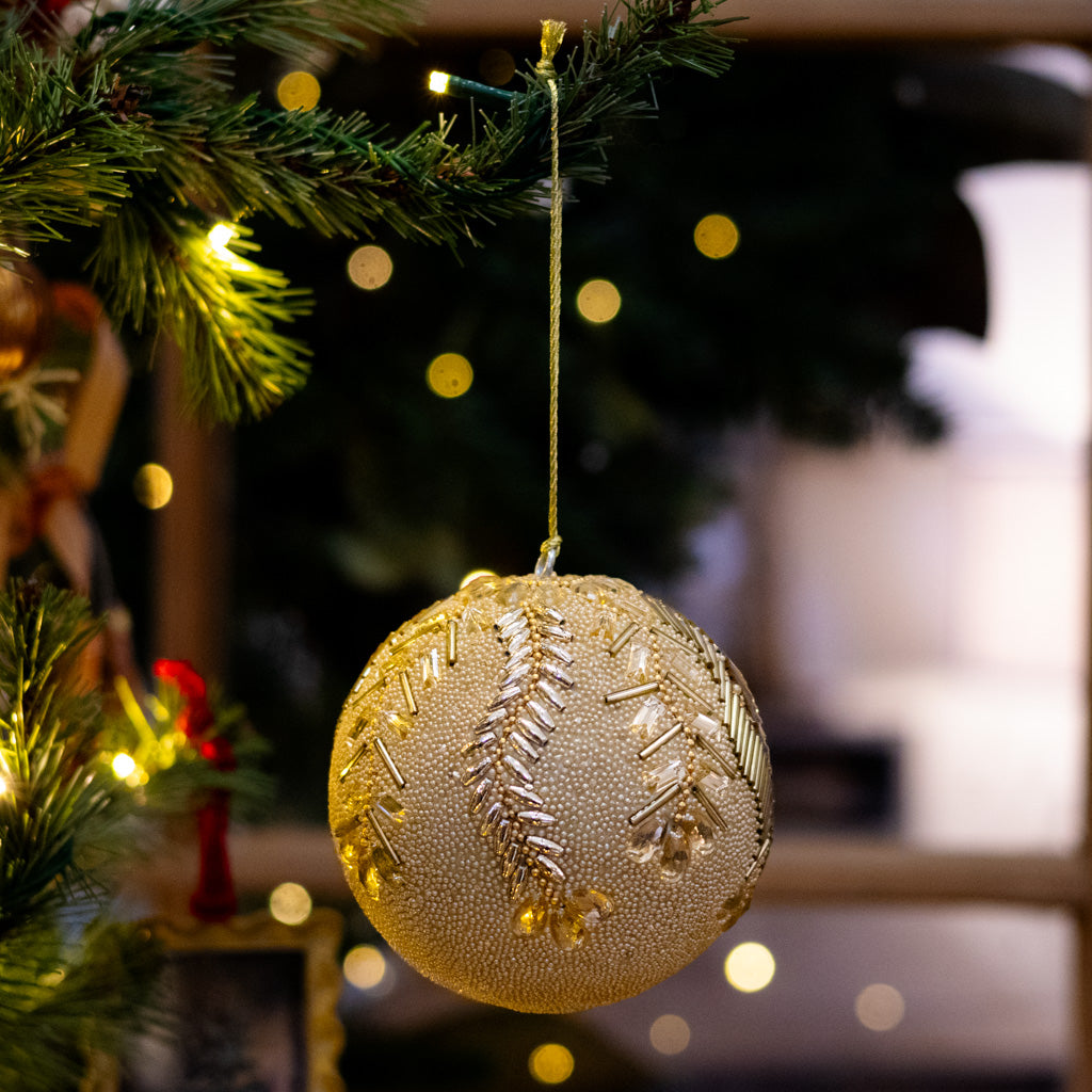 Champagne Beaded Feathers with Jewels Ball Ornament