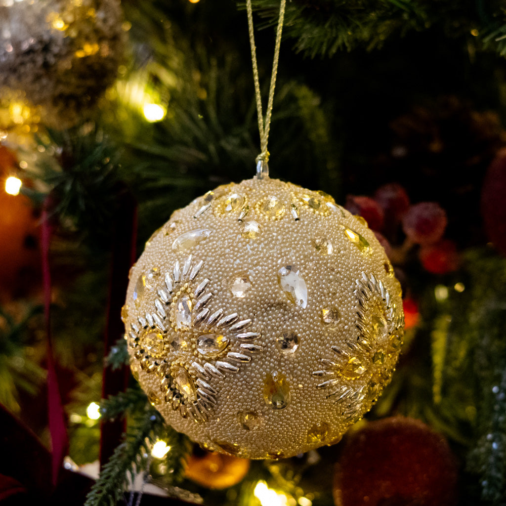 Champagne Beaded Flowers with Jewels Ball Ornament