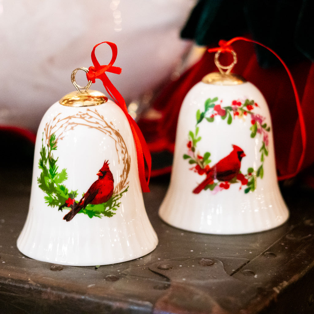 Porcelain Cardinal in Grapevine Wreath Bell Ornament