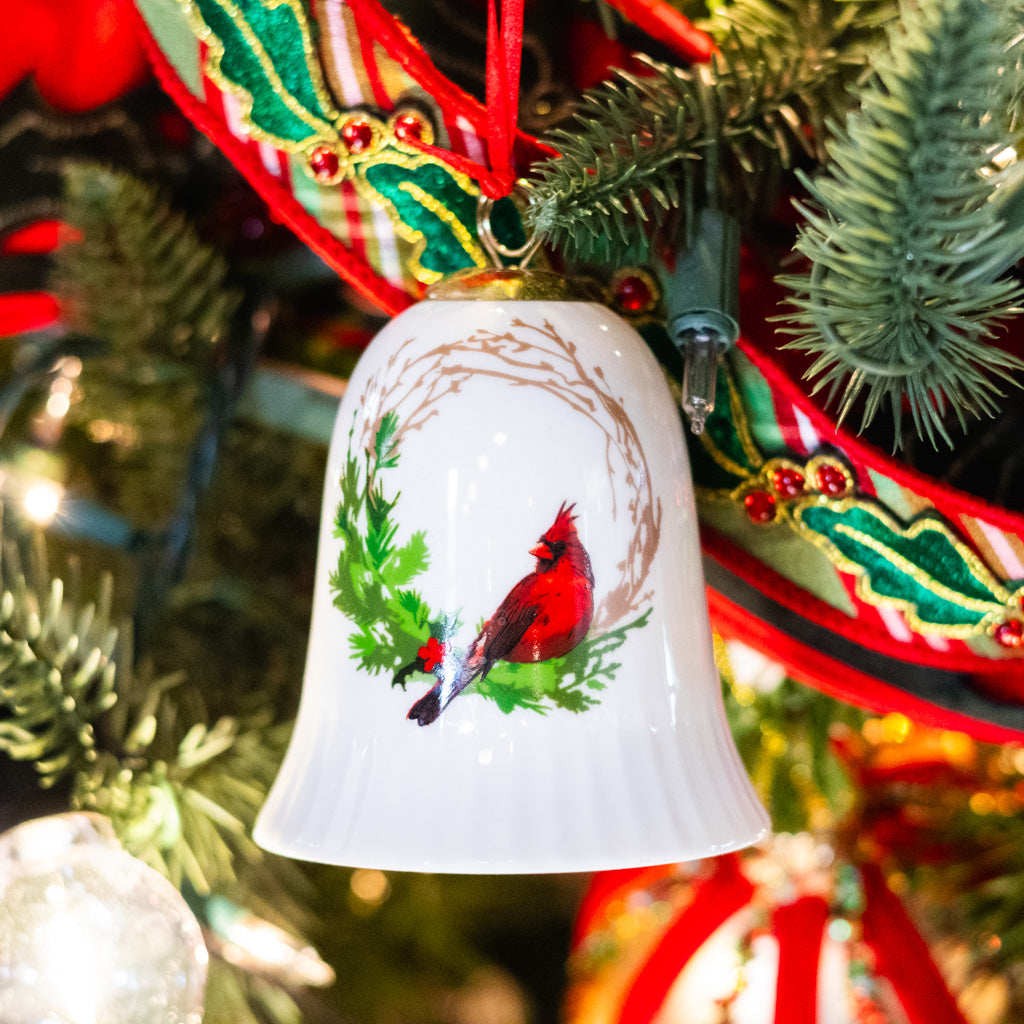 Porcelain Cardinal in Grapevine Wreath Bell Ornament
