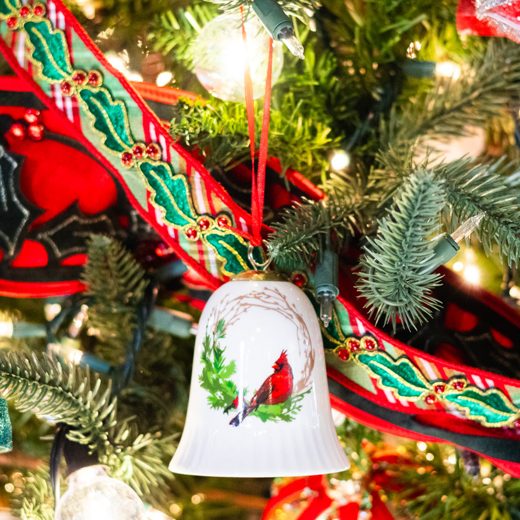 Porcelain Cardinal in Grapevine Wreath Bell Ornament