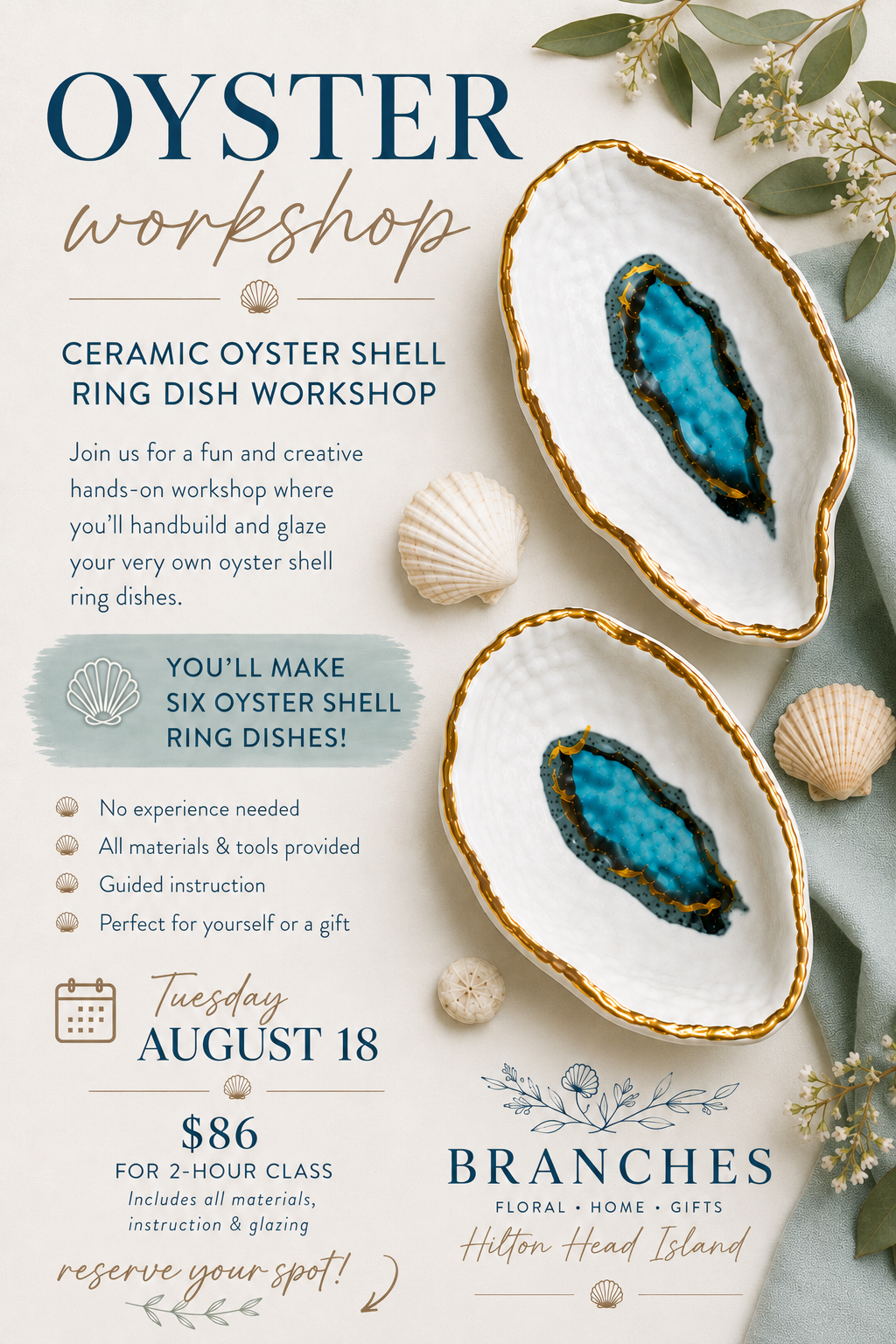 08.18.26 @ 11AM | Ceramic Oyster Shell Workshop with Artist Anissa Craig of Clay Stories Ceramics