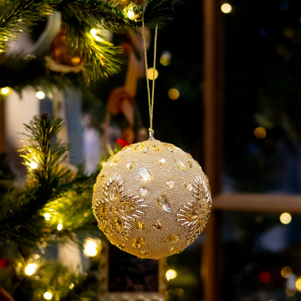 Champagne Beaded Flowers with Jewels Ball Ornament
