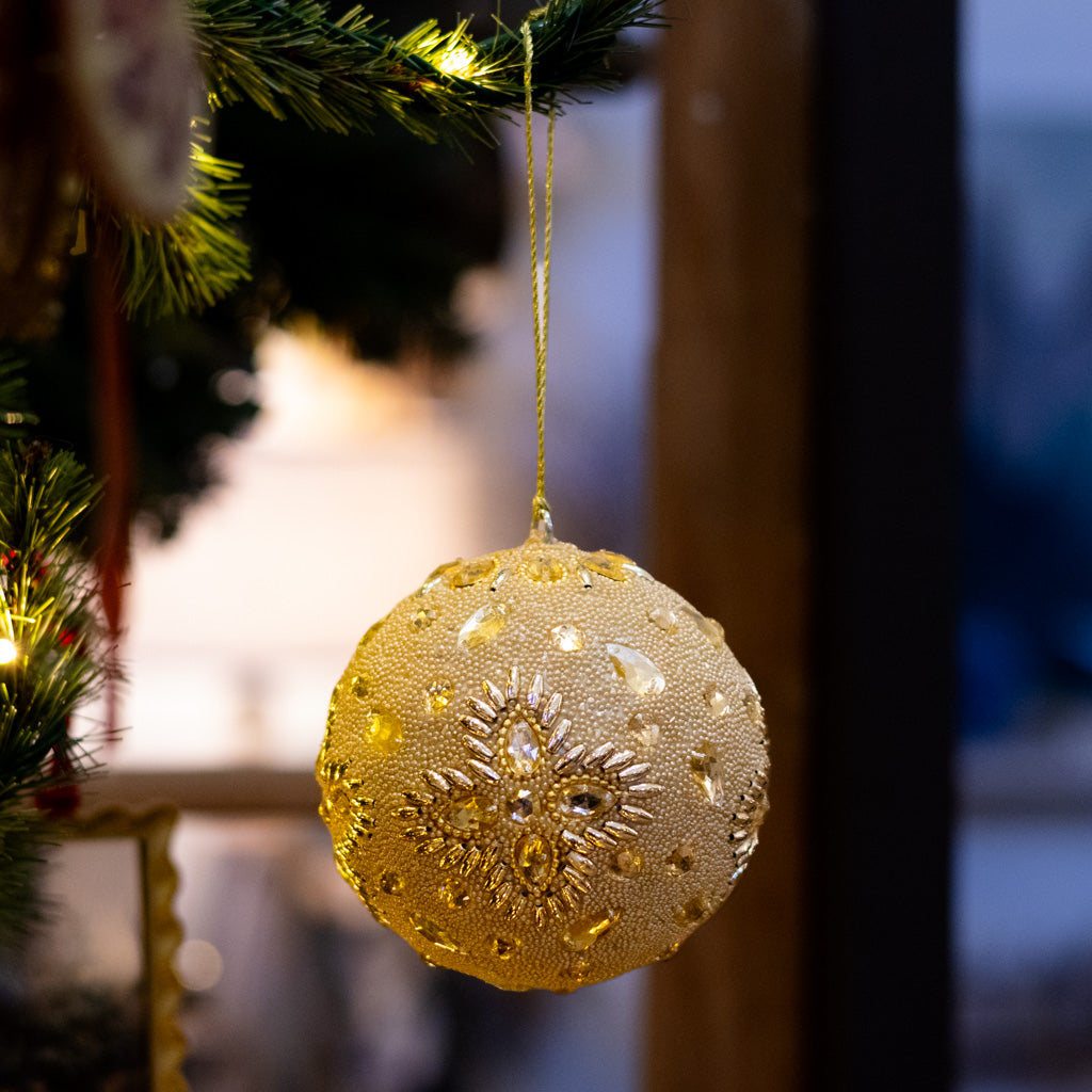 Champagne Beaded Flowers with Jewels Ball Ornament