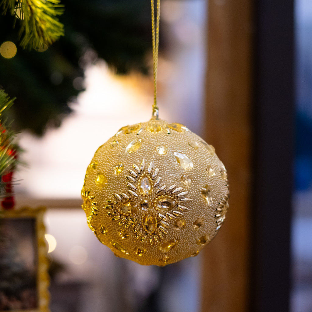 Champagne Beaded Flowers with Jewels Ball Ornament