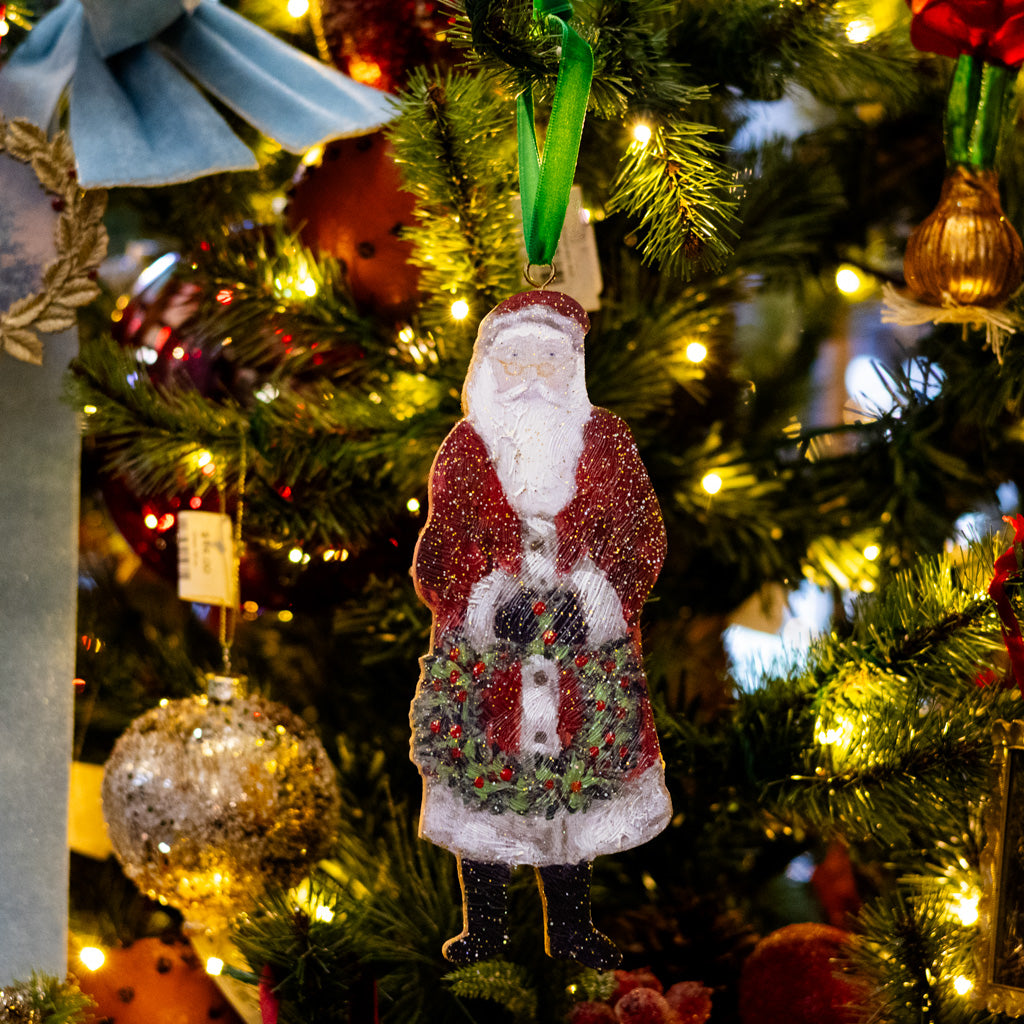 Handpainted Wood Cutout Glittered Santa Ornament