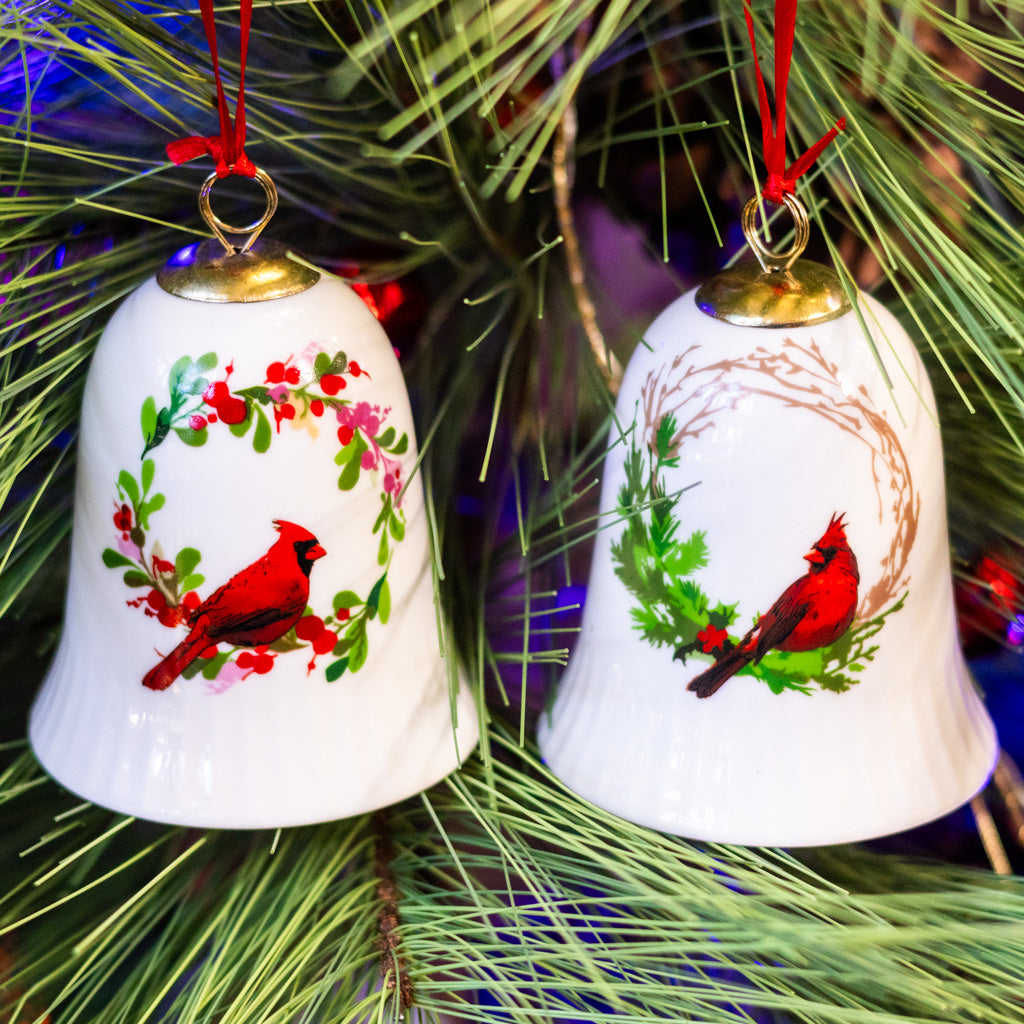 Porcelain Cardinal in Flower Vine Bell Ornament