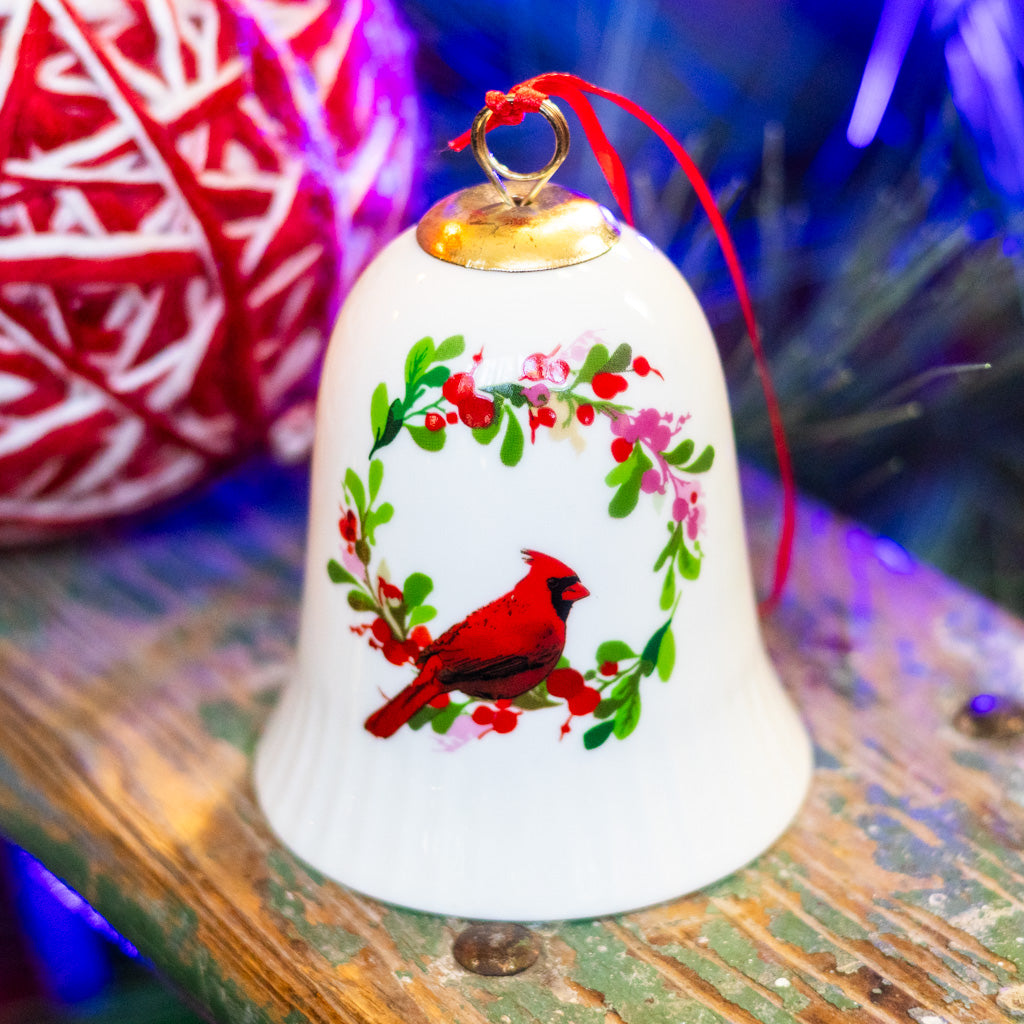 Porcelain Cardinal in Flower Vine Bell Ornament