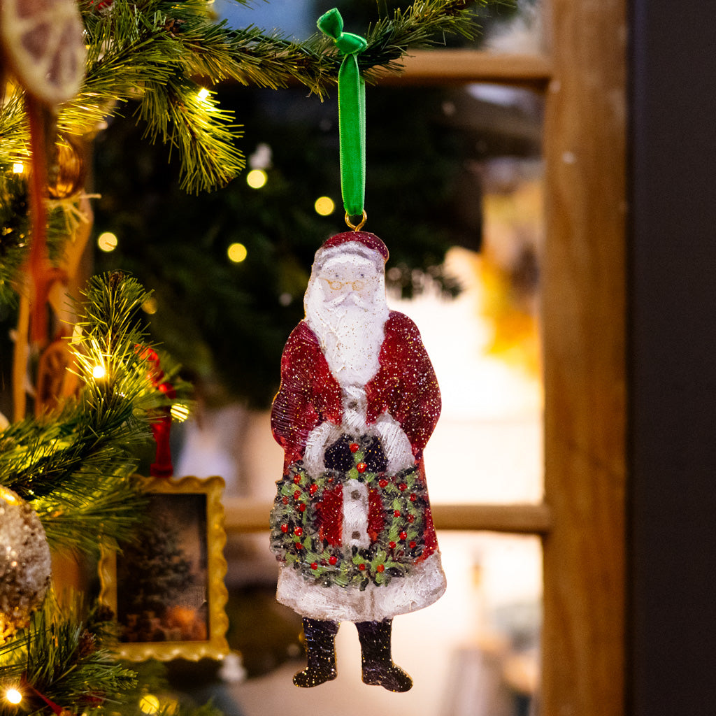 Handpainted Wood Cutout Glittered Santa Ornament
