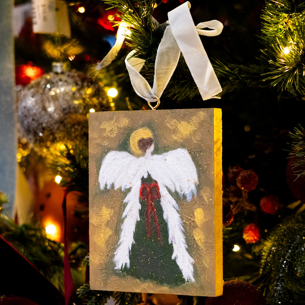 Handpainted Angel with Red Bow and Gold Glitter Wood Ornament