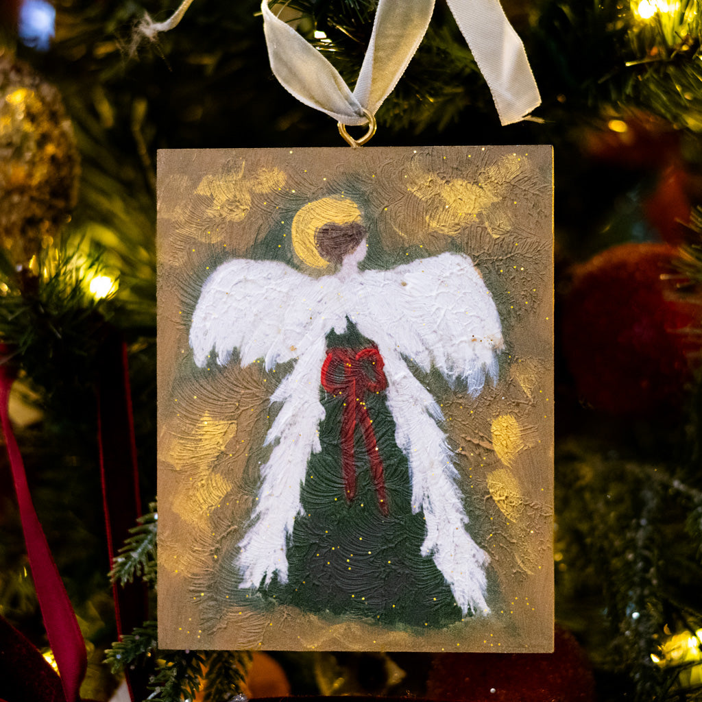 Handpainted Angel with Red Bow and Gold Glitter Wood Ornament