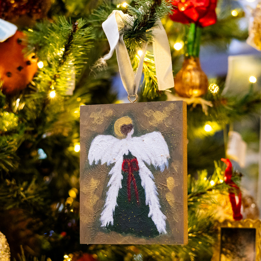 Handpainted Angel with Red Bow and Gold Glitter Wood Ornament
