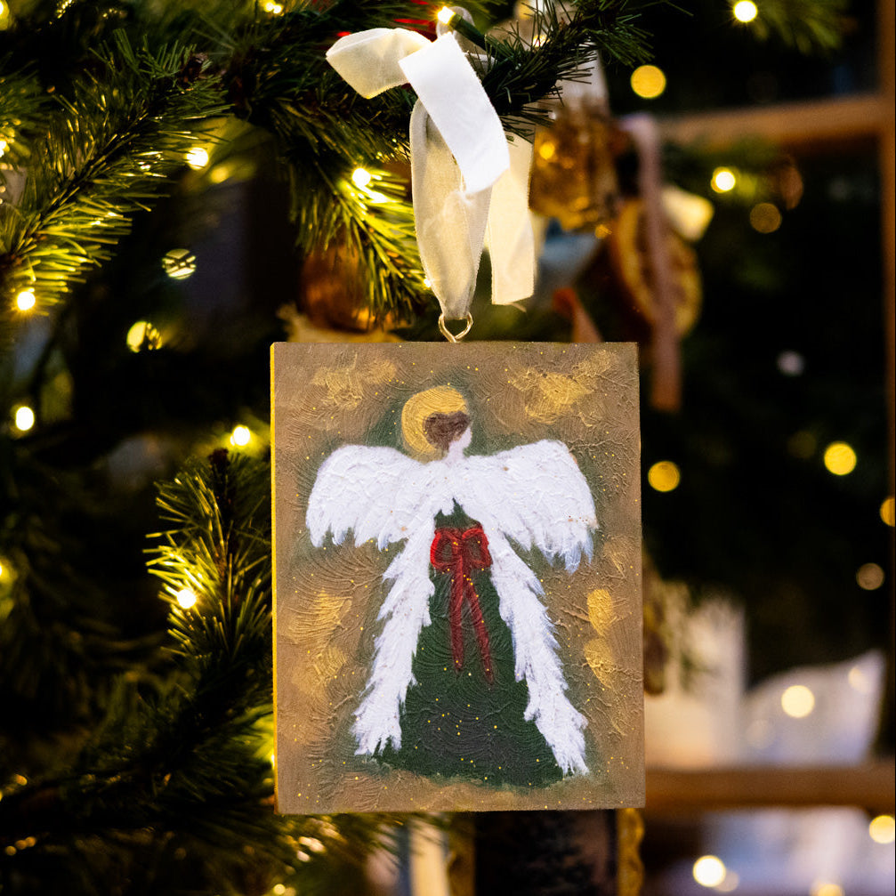 Handpainted Angel with Red Bow and Gold Glitter Wood Ornament