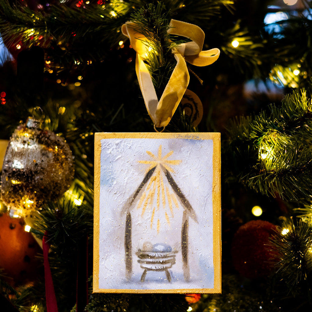 Hand Embellished Canvas Manger in Creche Ornament