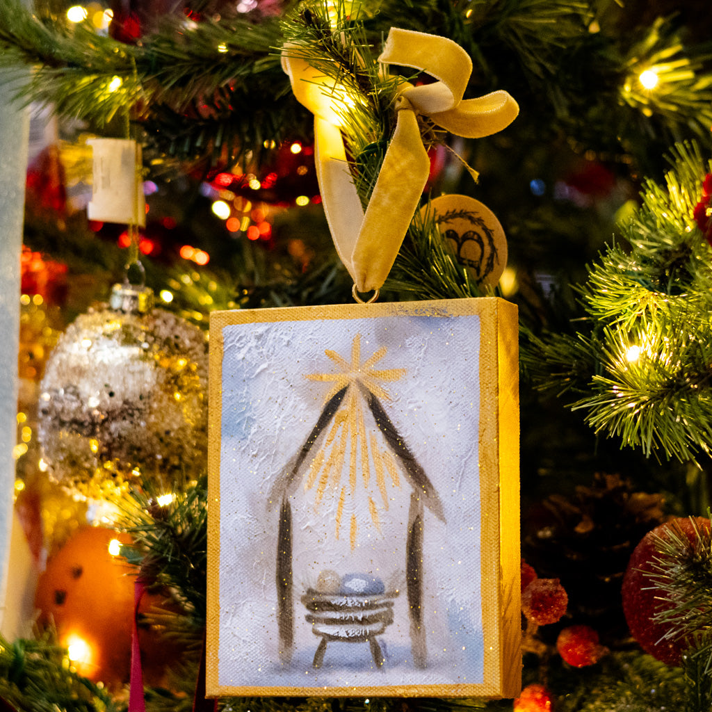 Hand Embellished Canvas Manger in Creche Ornament