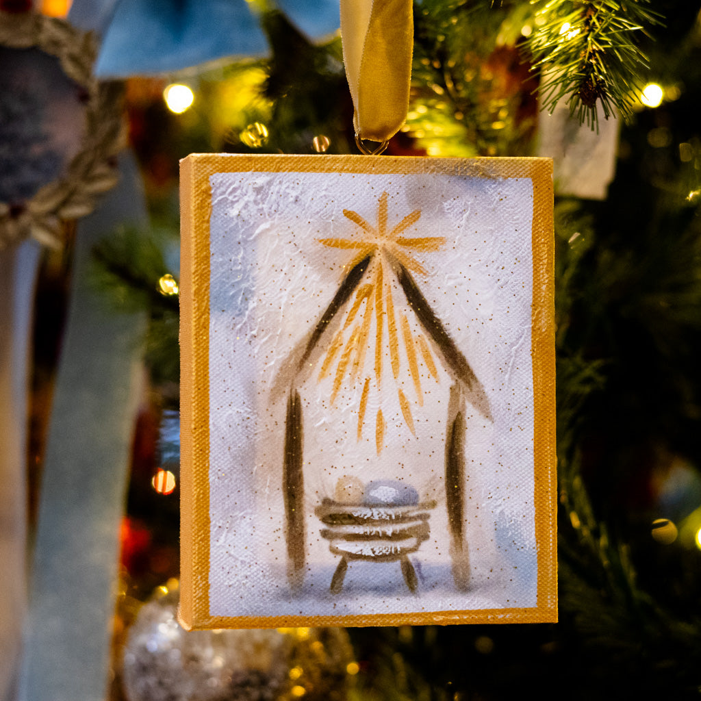 Hand Embellished Canvas Manger in Creche Ornament