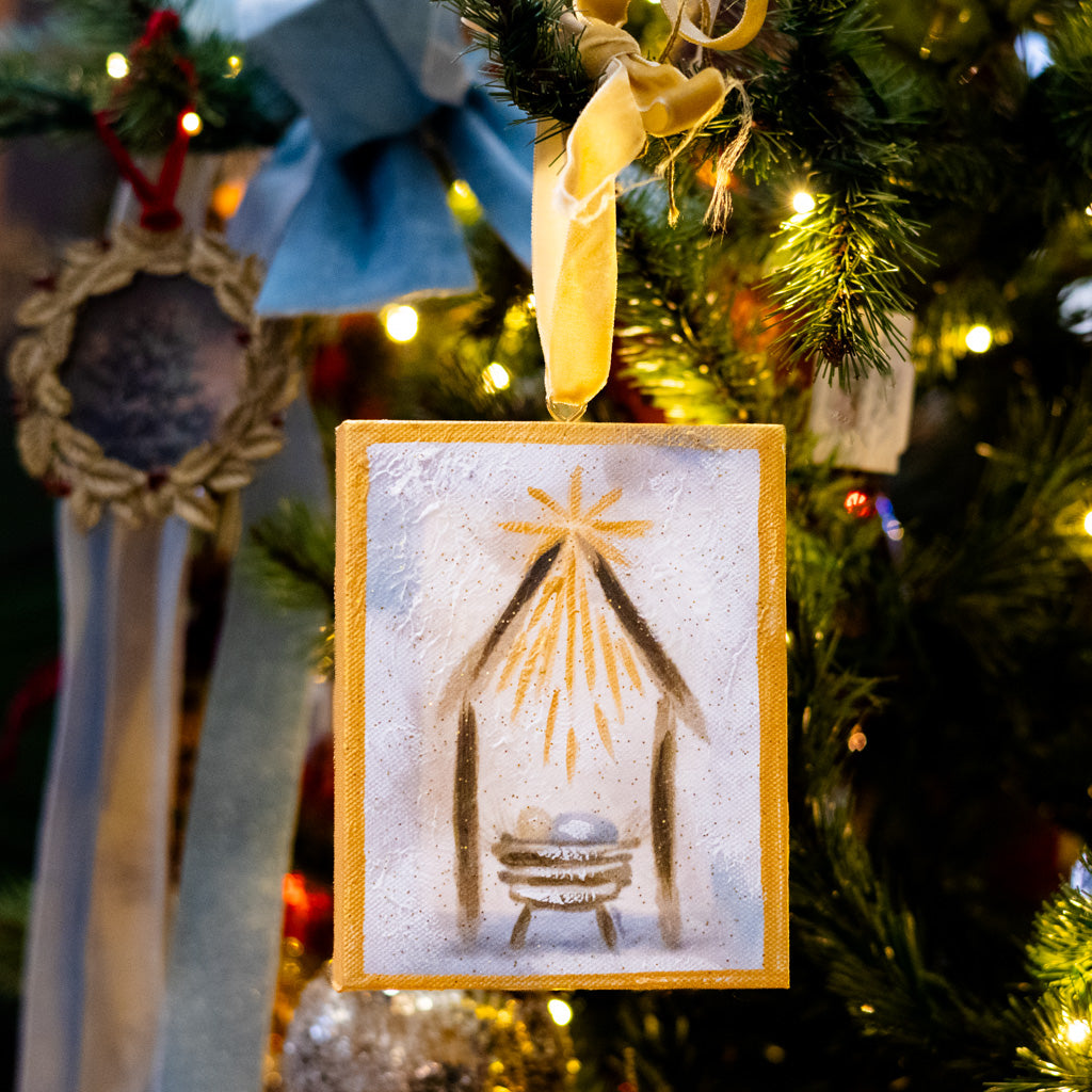 Hand Embellished Canvas Manger in Creche Ornament