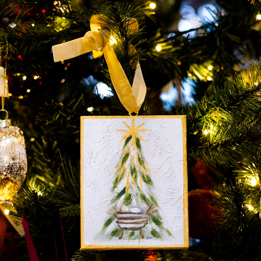 Hand Embellished Canvas Manger Under Tree Ornament
