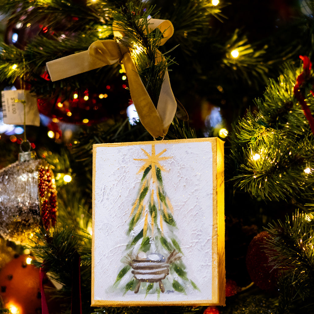 Hand Embellished Canvas Manger Under Tree Ornament