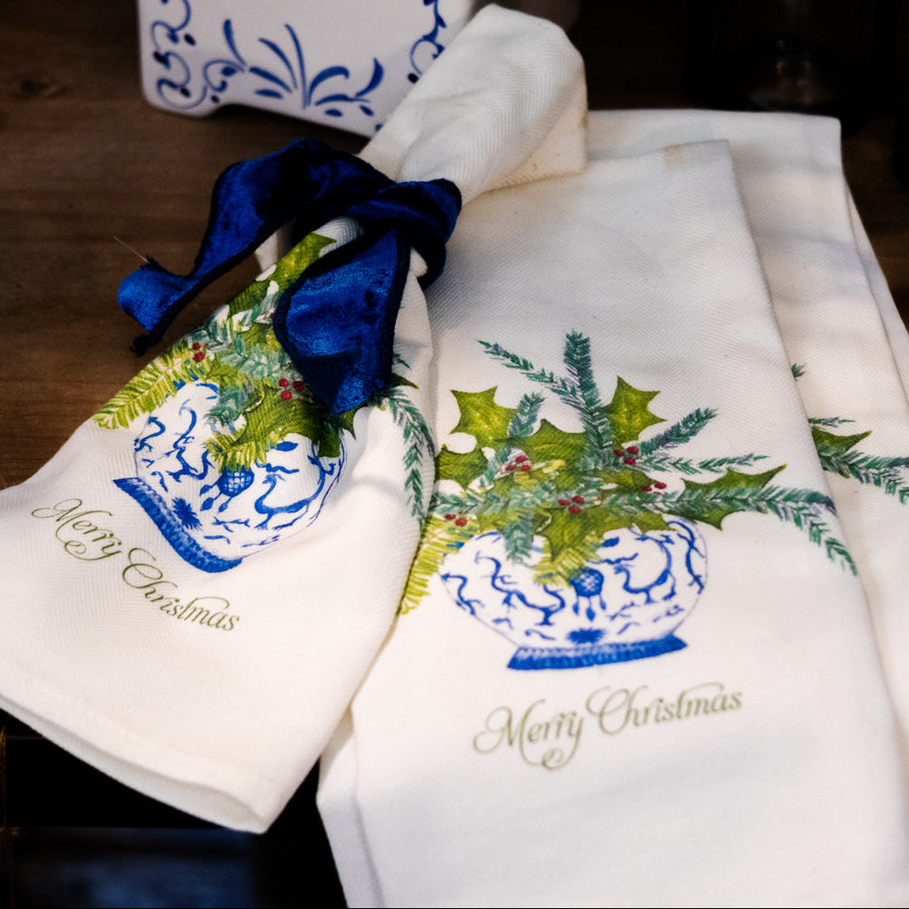 Ginger Jar with Greens and Merry Christmas Tea Towel