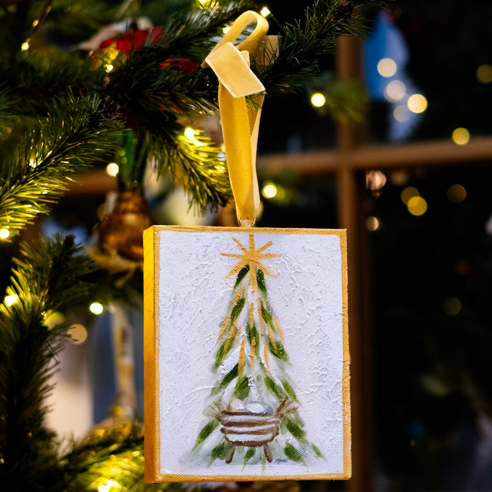 Hand Embellished Canvas Manger Under Tree Ornament