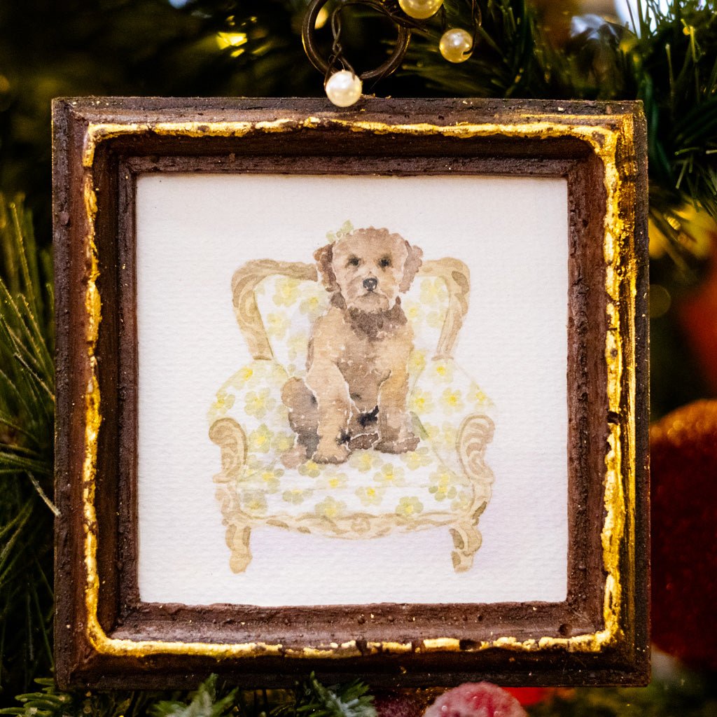 Brown Dog in Green Flowered Chair Dog Art in Wood Frame