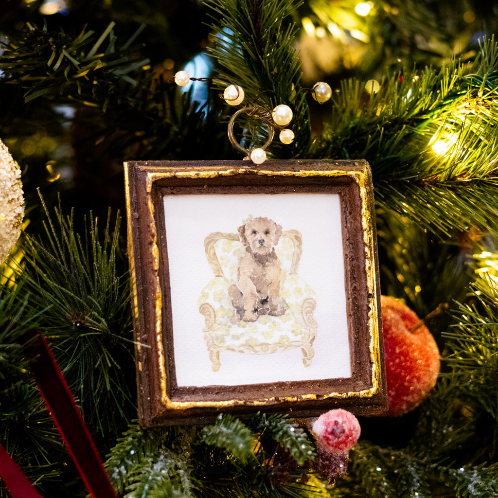 Brown Dog in Green Flowered Chair Dog Art in Wood Frame