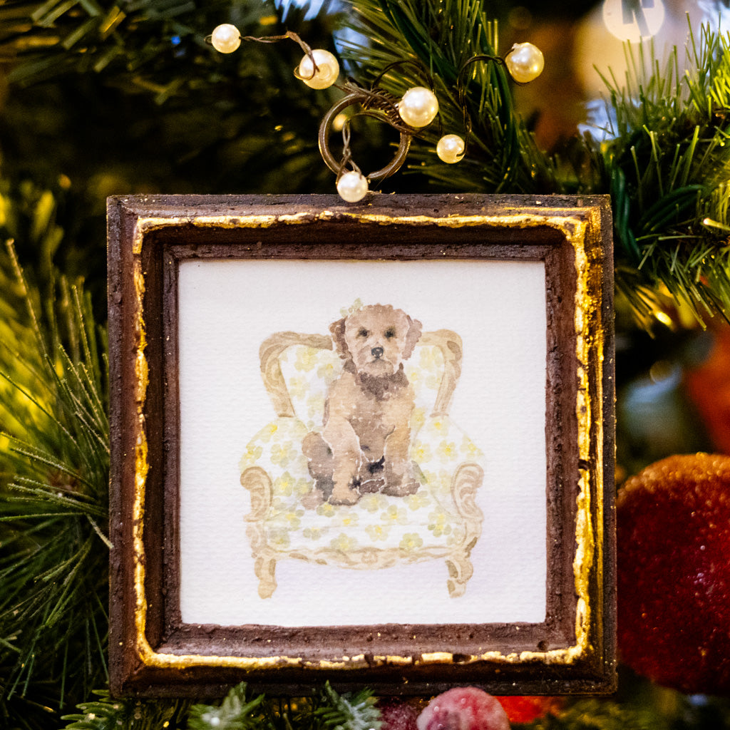 Brown Dog in Green Flowered Chair Dog Art in Wood Frame