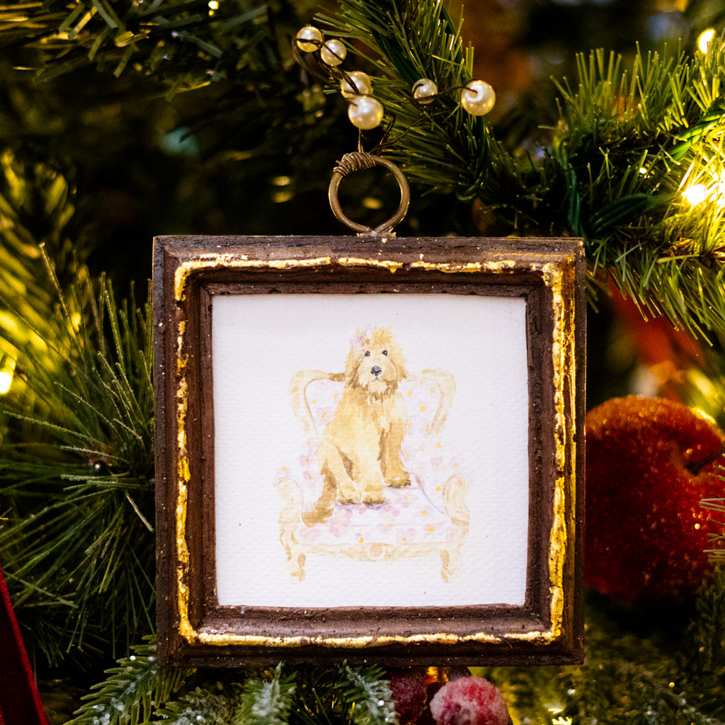 Tan Dog in Yellow Flowered Chair Dog Art in Wood Frame