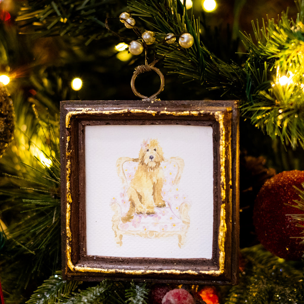 Tan Dog in Yellow Flowered Chair Dog Art in Wood Frame