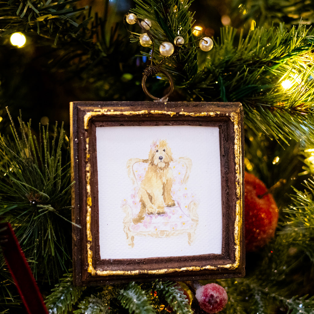 Tan Dog in Yellow Flowered Chair Dog Art in Wood Frame