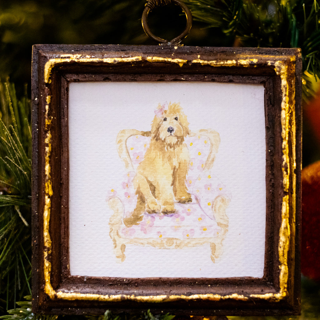 Tan Dog in Yellow Flowered Chair Dog Art in Wood Frame
