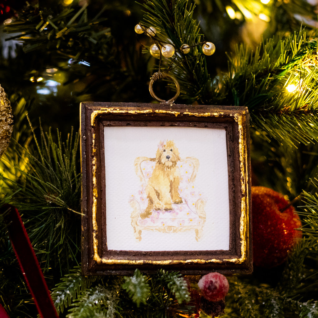 Tan Dog in Yellow Flowered Chair Dog Art in Wood Frame