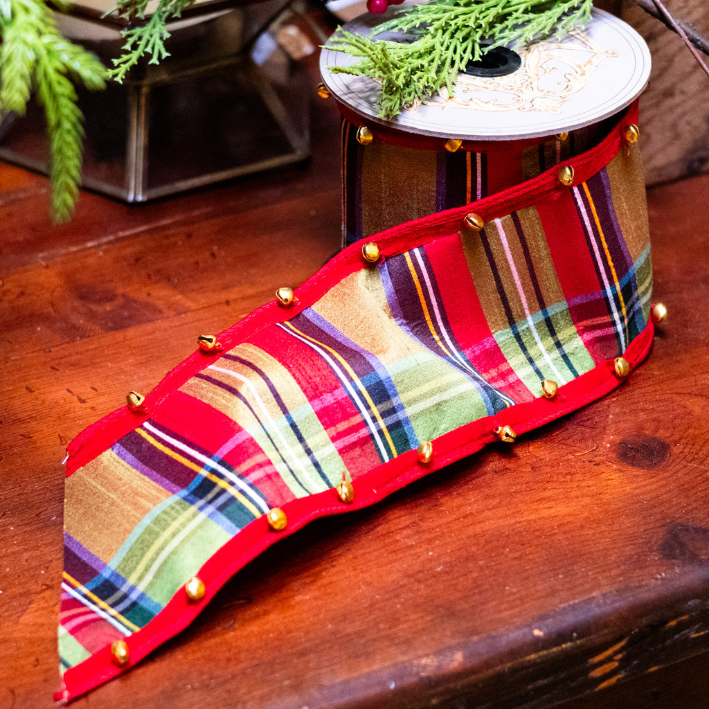 Faux Dupion McFarland Plaid, Bell Edge, Red Ribbon Five Yards