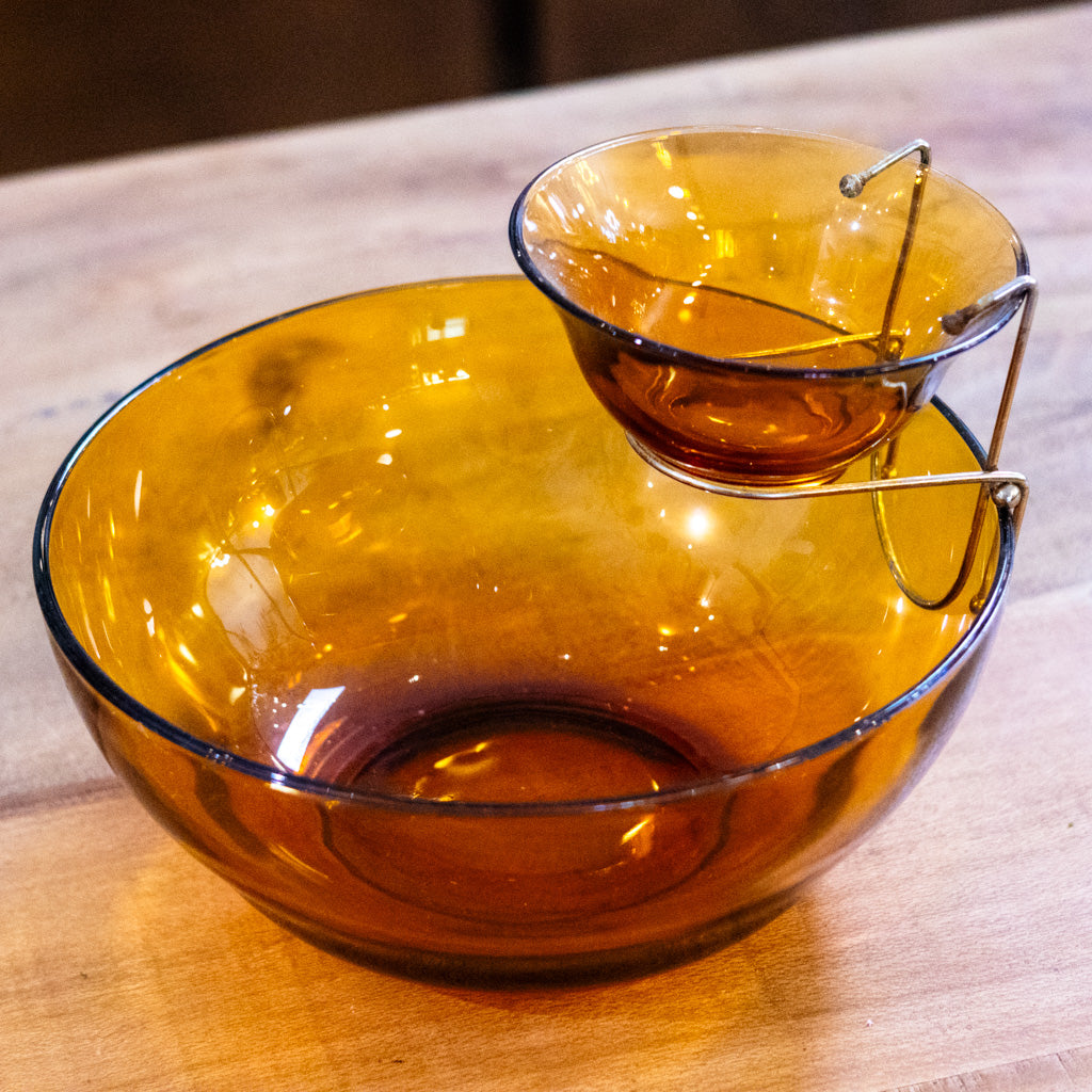 Mid-Century Amber Glass Bowl Dip Set