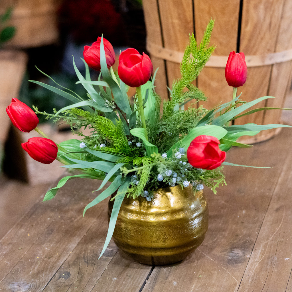 Red Tulip and Juniper Holiday Petite Bouquet Drop In