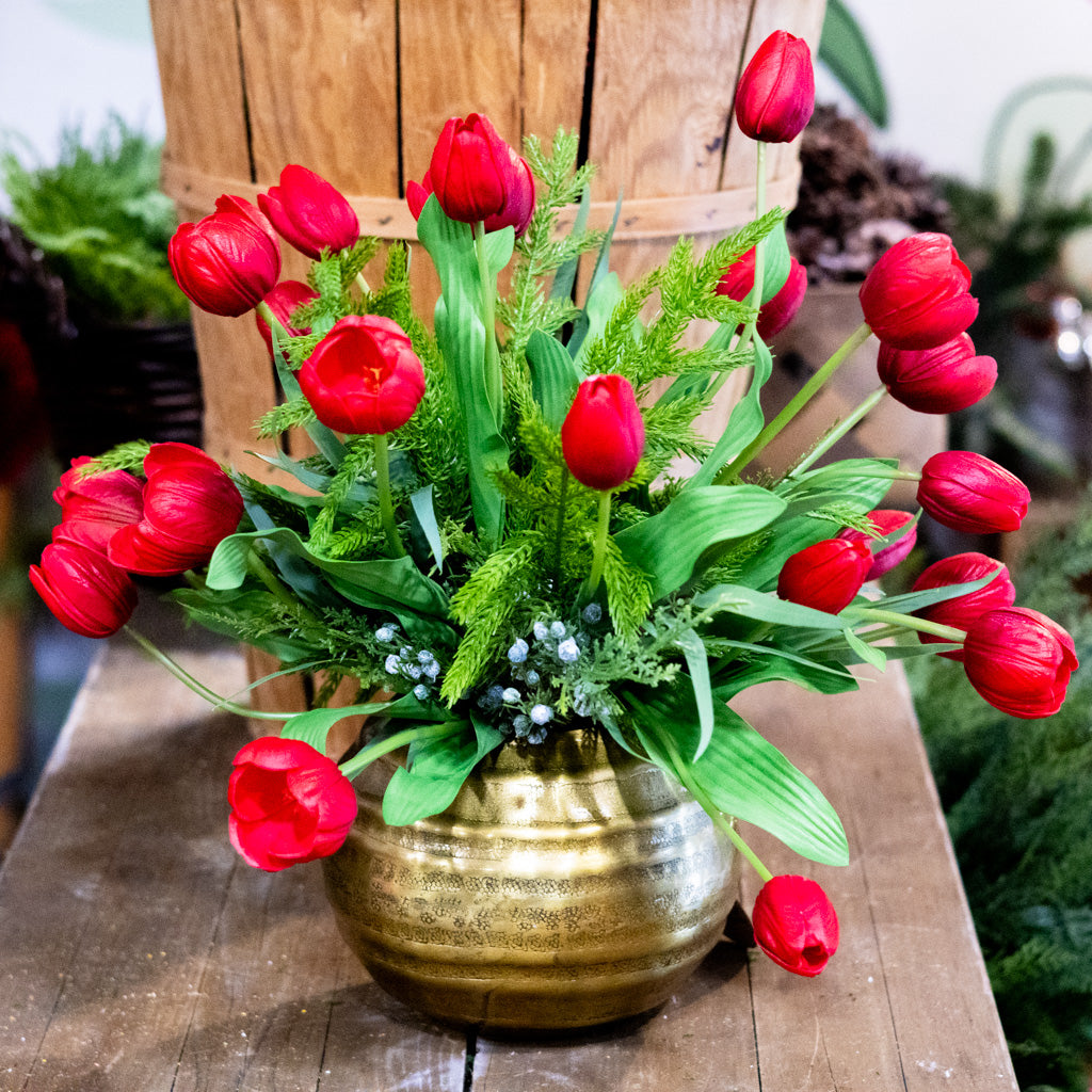 Grand Red Tulip and Juniper Holiday Bouquet