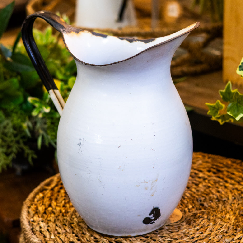 Large Vintage Metal Enamelware White Pitcher With Black Trim