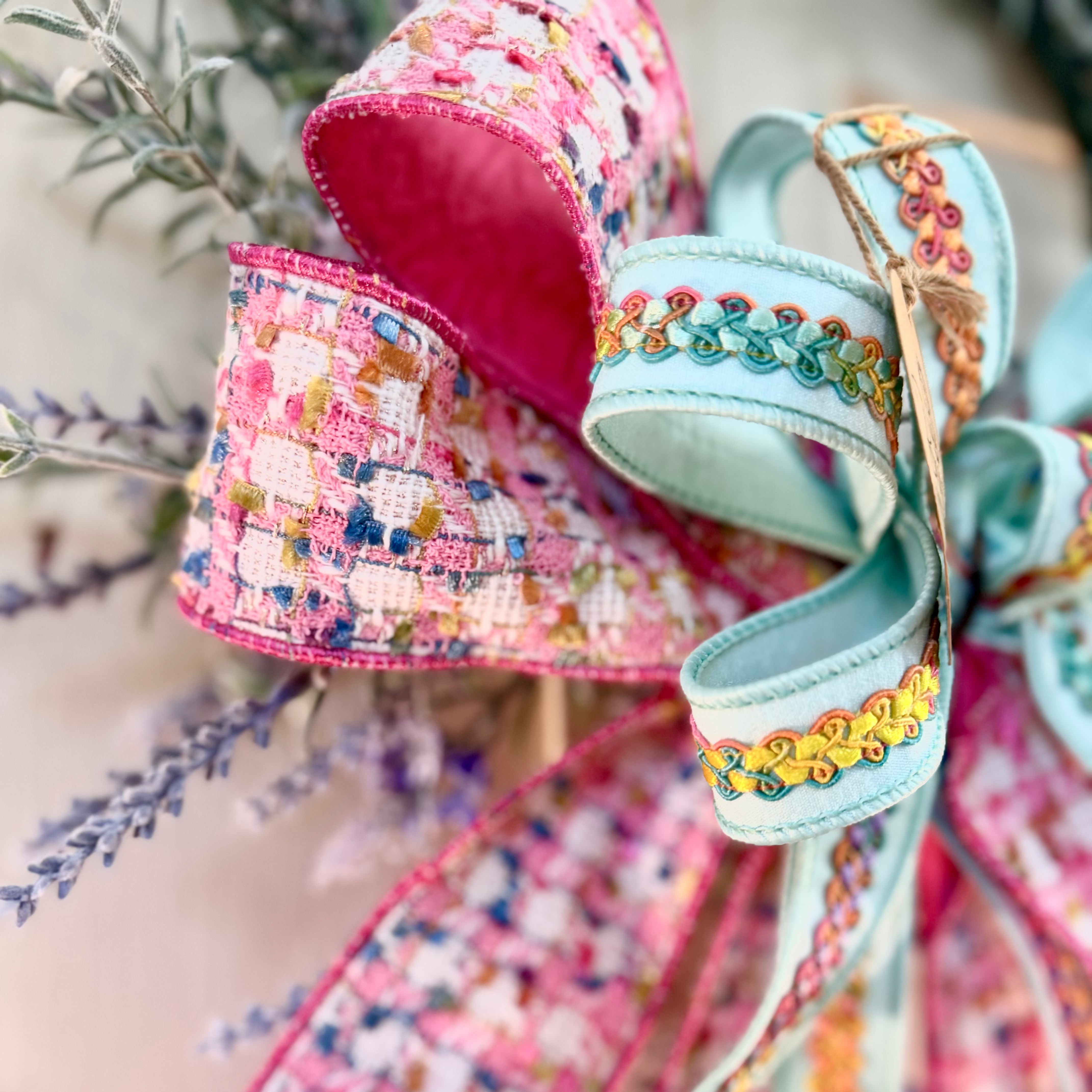 Pink & Aqua Patchwork Shine Hand-Tied Spring Ribbon Bow