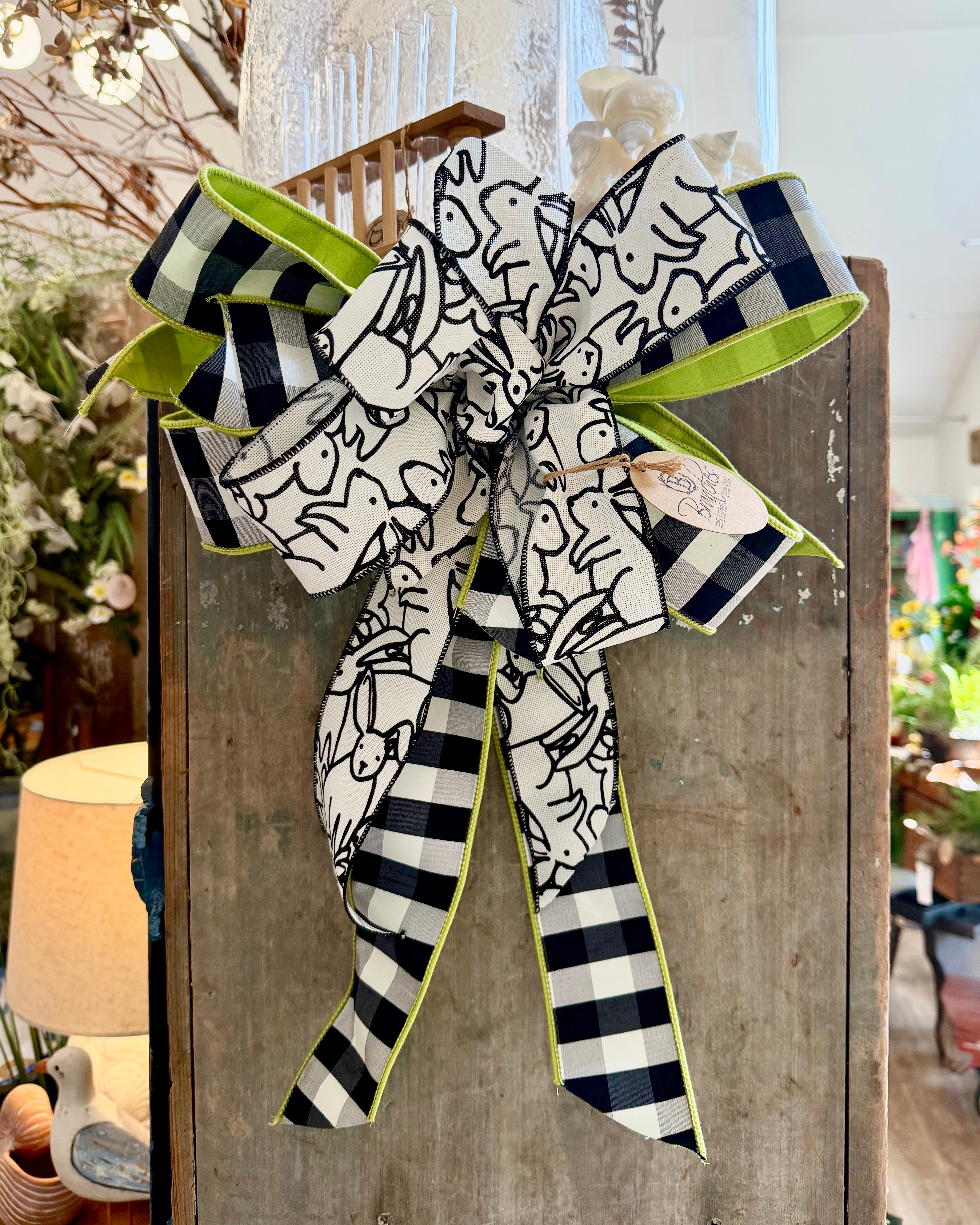 Bunny Print Black & White Check Lime Green Hand-Tied Bow