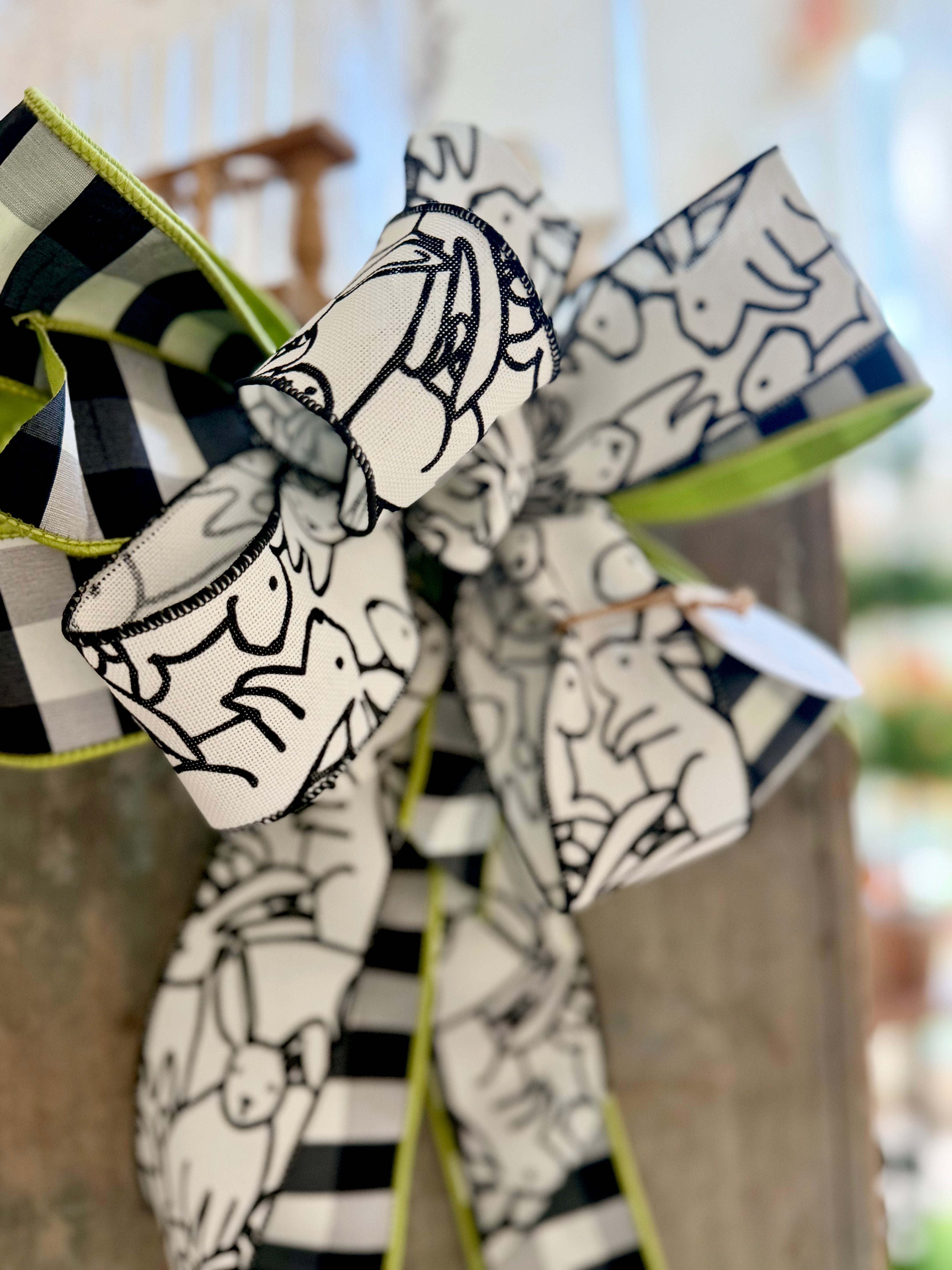 Bunny Print Black & White Check Lime Green Hand-Tied Bow