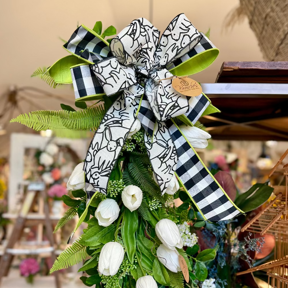 Bunny Print Black & White Check Lime Green Hand-Tied Bow