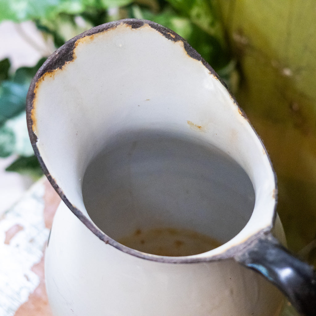 Large Vintage Metal Enamelware White Pitcher With Black Trim
