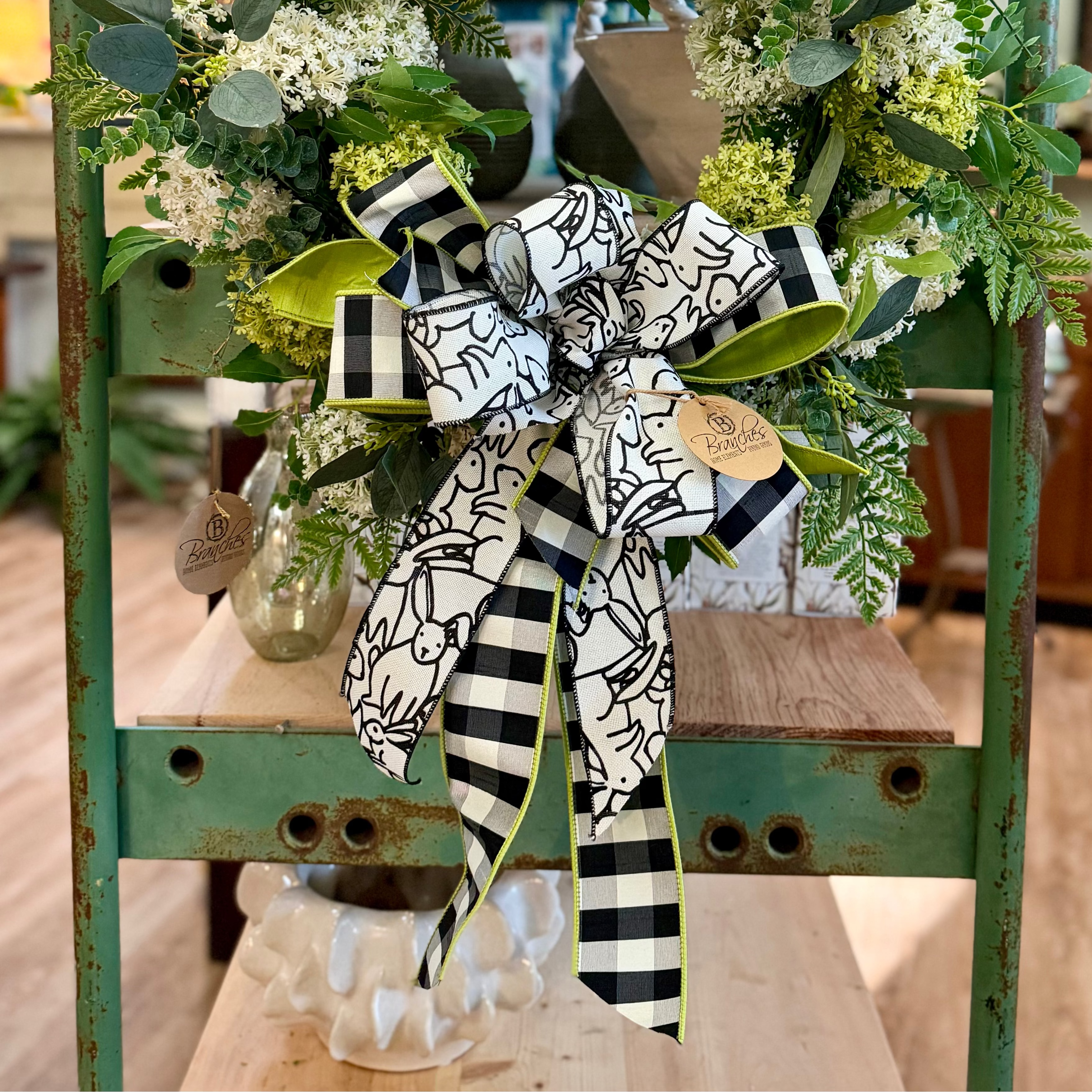 Bunny Print Black & White Check Lime Green Hand-Tied Bow
