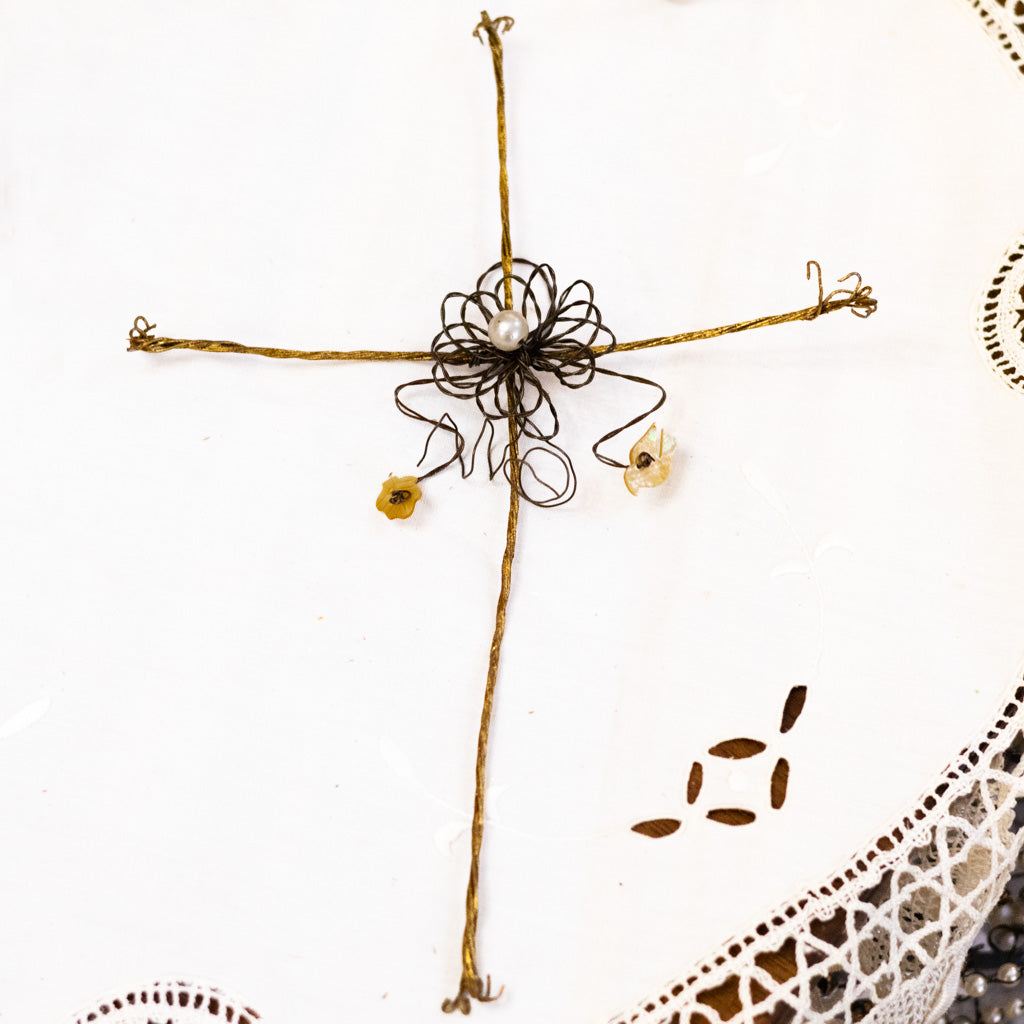 Metal Gold Wire Cross with White Pearl