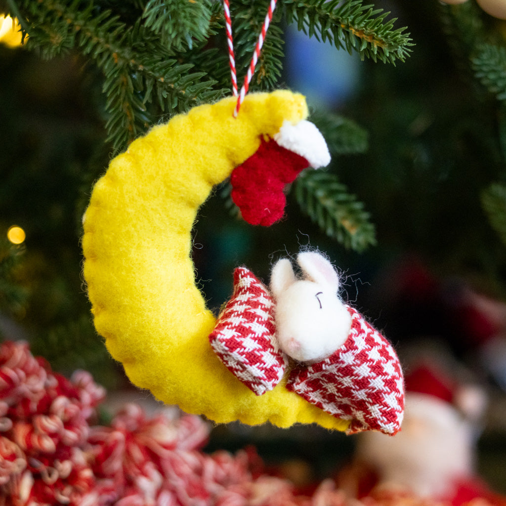 Felt Mouse Under Crescent Moon Ornament